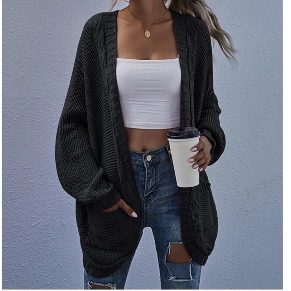 Cozy open front knit pocket batwing sleeve cardigan - Picture 2 of 6